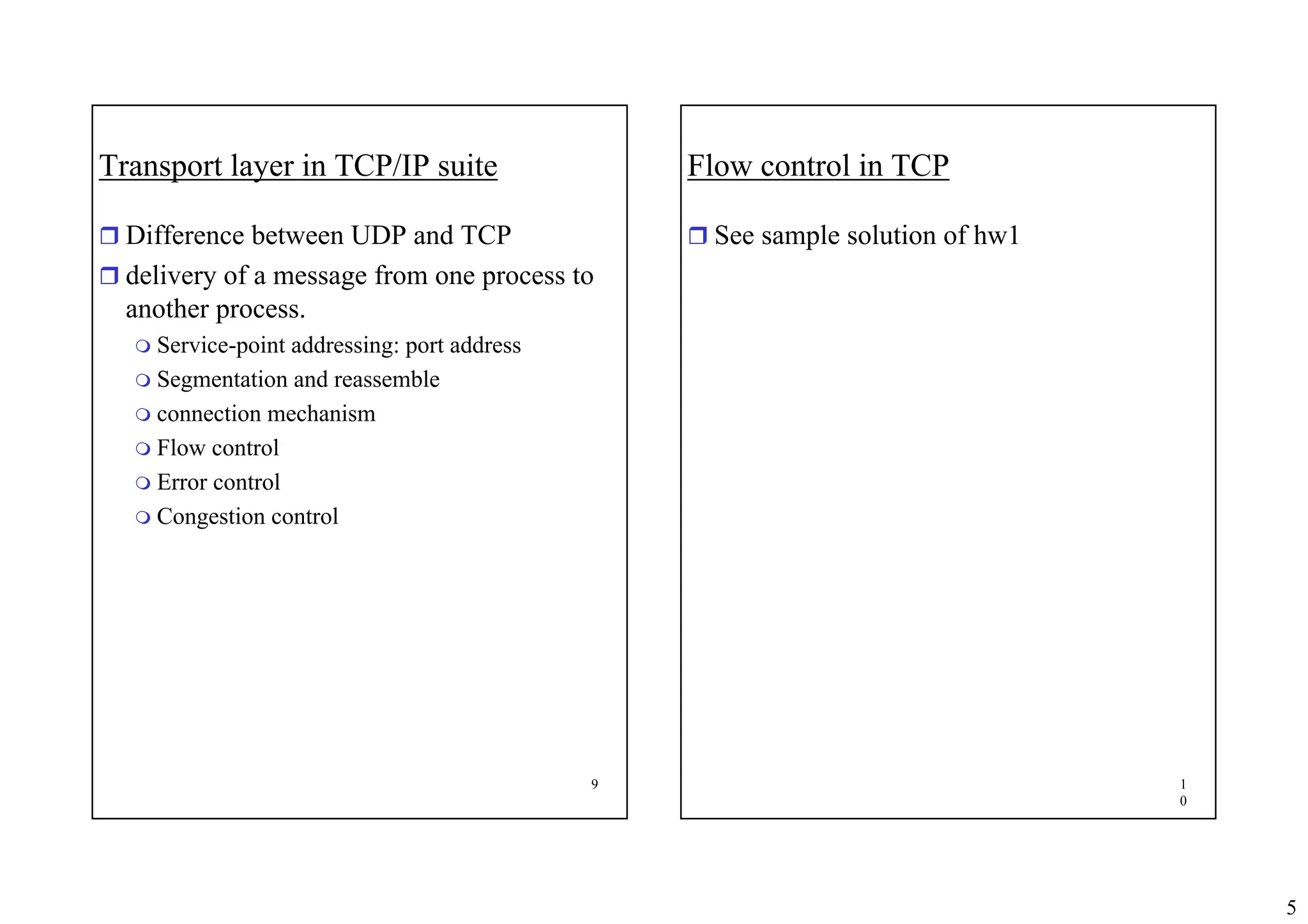 5
9
Transport layer in TCP/IP suite
ˆ Difference between UDP and TCP
ˆ delivery of a message from one process to
another process.
 Service-point addressing: port address
 Segmentation and reassemble
 connection mechanism
 Flow control
 Error control
 Congestion control
1
0
Flow control in TCP
ˆ See sample solution of hw1
 