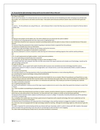   	
   	
  
	
  
32	
  |	
  P a g e 	
  
	
  
14.	
  	
  Do	
  you	
  feel	
  the	
  right	
  technology	
  is	
  being	
  used	
  for	
  you	
  the	
  student?	
  Why	
  or	
  Why	
  not?	
  
Text	
  Response	
  
Yes.	
  Sakai	
  is	
  very	
  useful.	
  
Not	
  for	
  one	
  of	
  my	
  classes.	
  It	
  is	
  a	
  lecture	
  but	
  also	
  runs	
  on	
  an	
  online	
  class	
  site	
  that	
  can	
  be	
  intimidating	
  and	
  rather	
  annoying	
  to	
  try	
  and	
  deal	
  with.	
  
Not	
  usually.	
  I	
  am	
  a	
  visual	
  learner	
  and	
  need	
  to	
  see	
  the	
  steps.	
  I	
  hate	
  power	
  points	
  because	
  professors	
  plaster	
  steps	
  and	
  think	
  that's	
  good	
  and	
  
efficient	
  
Yes.	
  
Yes	
  
Yes	
  and	
  no...	
  Yes	
  the	
  professors	
  are	
  using	
  all	
  they	
  can...	
  and	
  no	
  because	
  there	
  is	
  more	
  that	
  they	
  may	
  use	
  yet	
  do	
  not	
  research	
  to	
  find	
  out	
  what	
  is	
  
available	
  now..	
  
Yes.	
  
yes	
  
yes	
  
Yes	
  
Yes	
  
Yes.	
  
No	
  because	
  most	
  people	
  use	
  the	
  tablets	
  now.	
  The	
  online	
  software	
  we	
  use	
  cannot	
  even	
  be	
  used	
  on	
  tablets!	
  
Yes,	
  Professors	
  are	
  using	
  appropriate	
  tech	
  and	
  I	
  have	
  access	
  to	
  appropriate	
  tech.	
  
No,	
  I	
  think	
  there	
  should	
  be	
  more	
  reasources	
  invested	
  in	
  providing	
  students	
  with	
  the	
  option	
  to	
  view	
  or	
  listen	
  to	
  recorded	
  lectures	
  if	
  they	
  were	
  
abscent.	
  
Yes	
  because	
  things	
  like	
  powerpoints	
  help	
  students	
  by	
  giving	
  an	
  overview	
  of	
  what	
  is	
  expected	
  from	
  the	
  professor.	
  
Yes,	
  because	
  it	
  provides	
  easy	
  access	
  to	
  information.	
  
I	
  would	
  say	
  the	
  right	
  technology	
  is	
  offered,	
  but	
  not	
  always	
  used	
  by	
  the	
  instructors.	
  
Yes.	
  it	
  is	
  adequate	
  for	
  my	
  program	
  of	
  study	
  which	
  is	
  social	
  work.	
  
No,	
  because	
  powerpoint	
  is	
  ancient	
  compared	
  to	
  video	
  learning	
  and	
  3	
  dimensional	
  modeling	
  programs	
  that	
  could	
  be	
  used	
  by	
  professors	
  
Yes.	
  
Yes	
  
sure.	
  it's	
  well	
  implemented	
  and	
  highly	
  available.	
  i	
  rarely	
  have	
  access	
  problems.	
  
Yes,	
  it	
  has	
  made	
  doing	
  coursework	
  way	
  more	
  convenient	
  
Yes.	
  Personally,	
  I	
  do	
  not	
  need	
  much	
  technology.	
  As	
  long	
  as	
  I	
  have	
  my	
  laptop	
  I'm	
  fine.	
  
For	
  a	
  student	
  with	
  their	
  own	
  computer	
  that	
  does	
  not	
  take	
  many	
  classes	
  that	
  require	
  extensive	
  and	
  complex	
  use	
  of	
  technology,	
  I	
  would	
  say	
  the	
  
right	
  technology	
  is	
  being	
  used.	
  
Yes,	
  gets	
  the	
  job	
  done.	
  
It	
  shouldn't	
  matter.	
  	
  Just	
  as	
  a	
  good	
  math	
  student	
  should	
  be	
  able	
  to	
  process	
  most	
  calculations	
  by	
  hand,	
  technology	
  should	
  be	
  used	
  as	
  
supplemental	
  material	
  if	
  it	
  helps	
  to	
  convey	
  the	
  message	
  better,	
  but	
  it	
  should	
  not	
  be	
  a	
  crutch	
  that	
  automatically	
  inhibits	
  a	
  student's	
  ability	
  to	
  
learn	
  if	
  removed.	
  
Yes,	
  it	
  seems	
  to	
  all	
  work	
  fine.	
  
Yes,	
  the	
  tools	
  enhance	
  our	
  learning	
  experience	
  either	
  by	
  providing	
  detailed	
  illustrations	
  or	
  more	
  enhancing	
  efficiency.	
  
yes,	
  everything	
  that	
  requires	
  technology	
  is	
  being	
  utilized	
  satisfactorily	
  
For	
  the	
  most	
  part,	
  yes.	
  
I	
  believe	
  that	
  more	
  advanced	
  technology	
  may	
  be	
  used	
  to	
  be	
  more	
  helpful	
  for	
  me	
  as	
  a	
  student.	
  Most	
  of	
  my	
  professors	
  use	
  PowerPoint	
  as	
  a	
  way	
  
to	
  convey	
  lecture	
  notes	
  but	
  I	
  feel	
  like	
  there	
  must	
  be	
  another,	
  more	
  interactive	
  way	
  to	
  give	
  notes.	
  Also,	
  a	
  lot	
  of	
  my	
  professors	
  use	
  websites	
  such	
  
as	
  Sakai	
  and	
  Blackboard	
  but	
  they	
  do	
  not	
  use	
  them	
  in	
  an	
  interactive	
  and	
  useful	
  way.	
  They	
  mostly	
  just	
  use	
  them	
  for	
  posting	
  class	
  materials.	
  
Yes,	
  Sakai	
  is	
  extremely	
  convenient	
  
Yes,	
  I'm	
  getting	
  along	
  okay	
  in	
  class	
  
No,	
  hard	
  to	
  see	
  sometimes.	
  It	
  serves	
  as	
  one	
  of	
  the	
  major	
  reasons	
  students	
  do	
  not	
  come	
  to	
  class,	
  when	
  they	
  spend	
  time	
  staring	
  at	
  a	
  screen	
  from	
  
1-­‐3	
  hours.	
  
Yes,	
  I	
  have	
  no	
  problem	
  accomplishing	
  my	
  classwork	
  and	
  studies.	
  
yes	
  
Not	
  entirely.	
  Rather	
  than	
  being	
  forced	
  to	
  purchase	
  an	
  iclicker,	
  students	
  should	
  be	
  allowed	
  to	
  log	
  into	
  an	
  application	
  through	
  sakai	
  perhaps	
  in	
  
which	
  they	
  can	
  vote	
  while	
  present	
  in	
  the	
  classroom.	
  For	
  those	
  who	
  don't	
  own	
  a	
  laptop,	
  an	
  iclicker	
  can	
  be	
  purchased	
  optionally	
  
Yes	
  because	
  almost	
  everyone	
  needs	
  a	
  laptop	
  to	
  proficiently	
  pass	
  a	
  course	
  in	
  college.	
  It	
  is	
  basically	
  a	
  necessity	
  otherwise	
  you	
  will	
  be	
  spending	
  a	
  
lot	
  of	
  time	
  in	
  computer	
  labs.	
  
Yes,	
  it	
  simplifies	
  it	
  for	
  student	
  who	
  may	
  not	
  have	
  a	
  great	
  amount	
  of	
  experience	
  with	
  using	
  the	
  technology.	
  Not	
  much	
  is	
  asked	
  that	
  can't	
  be	
  
looked	
  up	
  within	
  the	
  amount	
  of	
  time	
  given.	
  
Yes	
  because	
  most	
  of	
  my	
  professors	
  are	
  using	
  some	
  form	
  of	
  technology	
  in	
  class	
  and	
  they	
  maintain	
  to	
  engage	
  the	
  students	
  to	
  some	
  degree.	
  
Yes,	
  most	
  class	
  room	
  are	
  equipped	
  with	
  the	
  right	
  technology	
  needed	
  for	
  teaching.	
  	
  Although	
  the	
  technology	
  might	
  be	
  a	
  little	
  old,	
  but	
  it	
  gets	
  the	
  
job	
  done.	
  
Yes,	
  sakai	
  is	
  important	
  for	
  communicating	
  and	
  lets	
  you	
  interact	
  with	
  your	
  classmates,	
  which	
  is	
  useful	
  in	
  classes	
  with	
  100+	
  students.	
  Also	
  power	
  
points	
  are	
  better	
  than	
  just	
  lecturing,	
  if	
  you	
  miss	
  class	
  it's	
  not	
  that	
  big	
  of	
  a	
  deal	
  and	
  they're	
  more	
  engaging.	
  
Yes.	
  Sakai	
  makes	
  everything	
  easy	
  to	
  keep	
  track	
  of,	
  and	
  online	
  homework	
  is	
  convenient.	
  
	
  
 