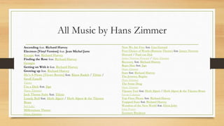All Music by Hans Zimmer
Ascending feat. Richard Harvey
Electrees [Vinyl Version] feat. Jean Michel Jarre
Escape feat. Richard Harvey
Finding the Rose feat. Richard Harvey
Georgia
Getting on With it feat. Richard Harvey
Growing up feat. Richard Harvey
He's A Pirate [Tiesto Remix] feat. Klaus Badelt / Tiësto /
Geoff Zanelli
Tiësto
I'm a Dick feat. Jigs
Hans Zimmer
Jack Theme Suite feat. Tiësto
Lonely Bull feat. Herb Alpert / Herb Alpert & the Tijuana
Brass
Sol Lake
Millennium Theme
Hans Zimmer
Now We Are Free feat. Lisa Gerrard
Poor Choice of Words (Batman Theme) feat. James Newton
Howard / Paul van Dyk
James Newton Howard / Hans Zimmer
Recovery feat. Richard Harvey
Repo Man feat. Jigs
Hans Zimmer
Stars feat. Richard Harvey
The Journey Begins
Hans Zimmer
The Stone Drag
Hans Zimmer
Tijuana Taxi feat. Herb Alpert / Herb Alpert & the Tijuana Brass
Ervan Coleman
Top Floor Please feat. Richard Harvey
Trapped Stars feat. Richard Harvey
Wonders of the New World feat. Elton John
John Power
Zoosters Breakout
 