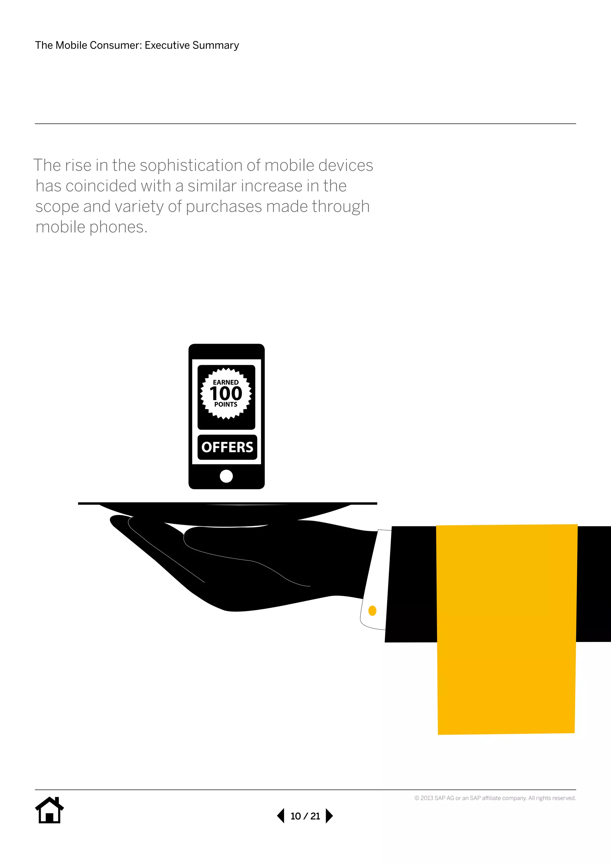 The Mobile Consumer: Executive Summary
10 / 21
© 2013 SAP AG or an SAP affiliate company. All rights reserved.
The rise in the sophistication of mobile devices
has coincided with a similar increase in the
scope and variety of purchases made through
mobile phones.
 
