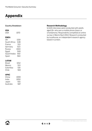 The Mobile Consumer: Executive Summary
20 / 21
© 2013 SAP AG or an SAP affiliate company. All rights reserved.
Country Breakdown
USA
USA 		 1072
EMEA
UK 		 1159
South Africa 638
France		 513
Germany 	 523
Russia		 1043
Egypt		 500
Saudi Arabia	 502
Spain		 564
LATAM
Brazil		 1012
Mexico	 513
Colombia	 514
Chile		 583
APAC
China		 1000
India		 1050
Japan		 651
Australia	 587
Research Methodology
12,424 interviews were conducted with adults
aged 18+ who own a mobile phone (basic or
smartphone). Respondents completed an online
survey in March/April 2013. Research conducted
by Loudhouse, an independent research agency
based in London.
Appendix
 
