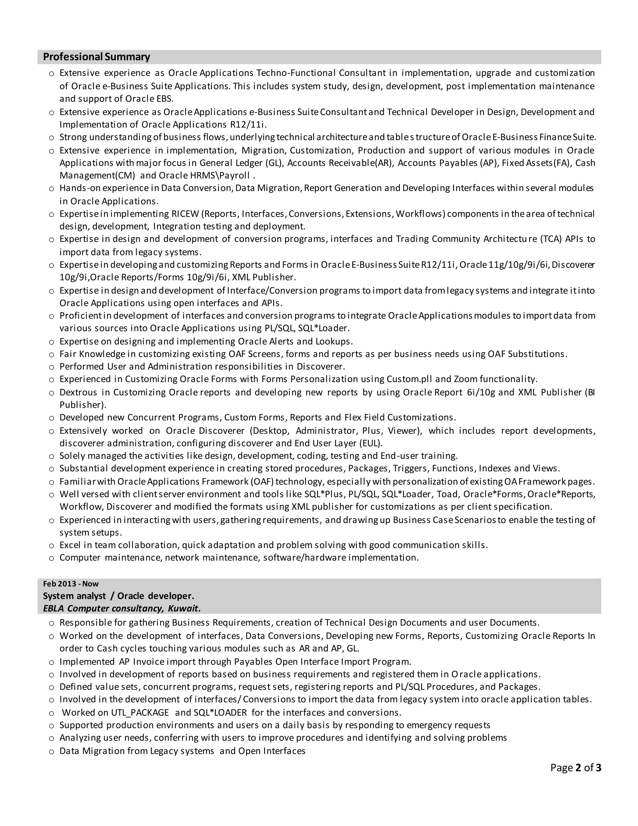 CV - Senior Oracle Financial HRMS Techno-Functional Consultant | DOCX