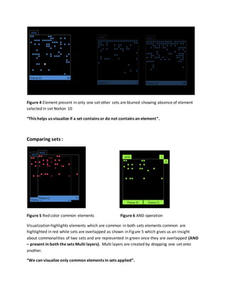 Figure 4 Element present in only one set other sets are blurred showing absence of element
selected in set Norton 10
“This helps us visualize if a set contains or do not contains an element”.
Comparing sets :
Figure 5 Red color common elements Figure 6 AND operation
Visualization highlights elements which are common in both sets elements common are
highlighted in red while sets are overlapped as shown in Figure 5 which gives us an insight
about commonalities of two sets and are represented in green once they are overlapped (AND
– present in both the sets Multi layers). Multi layers are created by dropping one set onto
another.
“We can visualize only common elements in sets applied”.
 