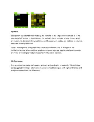 Figure 11
Each person is a set and time slots being the elements in the set pixel layer consists of 16 * 5
slots every half an hour is visualized as a slot and each day is modeled to have 8 hours which
are modeled to be rows in the visualization and 5 days a week so days are modeled as columns.
As shown in the figure above.
Once a person profile is imported onto canvas available time slots of that person are
highlighted as blue. When multiple people are dragged onto one another available time slots
are found by locating colored pixels as shown in Figure 11 picture 1.
My Conclusion:
This technique is scalable and supports with sets with cardinality in hundreds. This technique
can be applied in multiple other domains were we need techniques with high cardinalities and
analyze commonalities and differences.
 
