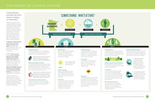 4 5Minnesota and Climate Change: Our Tomorrow Starts Today Minnesota and Climate Change: Our Tomorrow Starts Today
In ways both plain
and simple, the world’s
climate is changing.
As is Minnesota’s.
Scientists have issued their
strongest position on climate
change, warning that changes
are happening now and are
no longer a far-off concern.
Moreover, problems will grow
substantially worse unless
greenhouse gas emissions
are brought under control,
particularly in the next 15
years, to forestall the worst
effects of global warming.
In Minnesota, climate change
has hit home, with three
1,000-year floods since
2004 and dozens more
intense weather events—from
hailstorms to tornadoes
to droughts.
Financial impacts are just
as real. In 2013, Minnesota
had some of the highest
weather-related disaster
claims in the country, even
topping some tornado- and
hurricane-prone states. And,
University of Minnesota
economists estimate that
electricity generation annually
causes more than $2 billion
in environmental and health
damages, such as asthma
aggravated by air pollutants.
Scientific predictions of
extreme heat, poor air and
water quality, and sweeping
changes to Minnesota’s wildlife
and fish habitats foreshadow
significant changes in the way
we work, live and play.
THE POWER OF CLIMATE CHANGE
Heat and Smog
With more days topping 100-degrees
Fahrenheit, Minnesotans could
experience more days with poor
air quality, causing respiratory and
cardiovascular problems.
With more extreme heat
comes the higher risk of
heat-related illness.
Floods and Drought
Intense, local thunderstorms mean
some Minnesotans will experience
heavy rain and flooding, while others
will face severe drought and the risk
of wildfires.
Water Woes
Drought could reduce drinking water
supplies. Drinking water could smell
or taste bad, thanks to heat-induced
algae growth. And chances of
waterborne disease outbreaks
increase with more flooding.
Wheezing, Sneezing
A longer allergy season is likely—and
allergies may be more severe. Health
officials say this can worsen asthma
symptoms for vulnerable populations,
such as kids and the elderly.
Food Security
Volatile weather, more heat-loving
pests—and even longer growing
seasons—cause swings in food
production, costs, availability and
nutritional value.
Road Bumps
Increased freeze-thaw cycles in winter
will degrade Minnesota’s roads more
quickly and increase replacement costs.
More winter ice and rain (vs. snow) will
make it even harder to keep roads safe.
And, more summer heat means more
buckled roadways.
Businesses Face Risks
Climate change has the power to contribute to
lower gross domestic products, higher food and
commodity costs, and greater financial risk.
Minnesotans may be surprised to hear that
familiar companies, such as Coca-Cola
and Chipotle, are already preparing for
disruptions in water and ingredient sources.
Good News, Bad News for Farmers
Longer growing seasons are a blessing for farmers,
but severe weather and heat-loving pests, invasive
species and plant diseases could wipe out their
gains. Extreme heat is another factor, which causes
stress, illness and even death in livestock.
Apple production in Minnesota was as much
as 47% below normal in 2012. A hard frost in
April followed an unusually warm March,
damaging buds. A few months later, apples
suffered damage from hail and drought.
Tough Conditions for Outdoor Workers
Summer heat and poor air quality could make
it difficult for construction workers, landscapers
and other outdoor workers to keep cool and
breathe easily.
L I V EWORK
GREENHOUSE
GASEMISSIONS
EXTREME WEATHER HIGHER DEW POINTSINCREASED TEMPERATURES
WHICH AFFECTS HOW WE WHICH AFFECTS HOW WE
-47%
PLAY
100°F
A Changing Forest
It is likely that iconic spruce, fir, aspen and
birch trees will retreat northward, and the
Boundary Waters Canoe Area (BWCA) may
give way to hardwood forests.
Shorter Snowmobile, Ski and Sled Season
Minnesota might have a shorter season of
snow and ice cover, resulting in fewer winter
recreational opportunities.
Less Lake Fun
It may be difficult to boat, ski or swim
in some lakes with excessive algae
blooms or more rooted-plants plaguing
lakes. Both grow due to nutrient-loading
(from residential and agriculture runoff),
warmer water temperatures and longer
growing seasons.
More Disease-Carrying Pests
Tick- and mosquito-borne illnesses
are already on the rise. Health officials
say climate change may explain a
geographic spread of ticks, especially
in northern Minnesota.
Heads Up, Hunters and Anglers
From the North Shore to prairie country, the
diversity of fish and wildlife is changing, as
factors such as heat stress and flooding alter
the availability of food, water and habitat.
Northeastern Minnesota’s
moose population has
dropped 52% since 2010.
Scientists have attributed
some deaths to parasites
and overall poor physical
condition. Both may be linked
to warming temperatures.
37% of all freshwater aquatic
animal species, from trout in
North Shore streams to walleye
in Lake Pepin, could be at
risk. This risk poses potential
economic and cultural losses.
CLIMATECHANGE: WHAT’SATSTAKE?
 