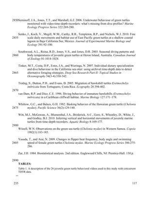 Seminoff, J.A., Jones, T.T., and Marshall, G.J. 2006. Underwater behaviour of green turtles
monitored with video-time-depth recorders: what’s missing from dive profiles? Marine
Ecology Progress Series 322:269-280.
Senko, J., Koch, V., Megill, W.M., Carthy, R.R., Templeton, R.P., and Nichols, W.J. 2010. Fine
scale daily movements and habitat use of East Pacific green turtles at a shallow coastal
lagoon in Baja California Sur, Mexico. Journal of Experimental Marine Biology and
Ecology 391:92-100.
Southwood, A.L., Reina, R.D., Jones, V.S., and Jones, D.R. 2003. Seasonal diving patterns and
body temperatures of juvenile green turtles at Heron Island, Australia. Canadian Journal
of Zoology 81:1014-1024.
Tinker, M.T., Costa, D.P., Estes, J.A., and Wieringa, N. 2007. Individual dietary specialization
and dive behaviour in the California sea otter: using archival time-depth data to detect
alternative foraging strategies. Deep Sea Research Part II: Topical Studies in
Oceanography 54(3-4):330-342.
Troëng, S., Dutton, P.H., and Evans, D. 2005. Migration of hawksbill turtles Eretmochelys
imbricata from Tortuguero, Costa Rica. Ecography 28:394-402.
van Dam, R.P. and Diez, C.E. 1996. Diving behavior of immature hawksbills (Eretmochelys
imbricata) in a Caribbean cliffwall habitat. Marine Biology 127:171–178.
Whittow, G.C., and Balazs, G.H. 1982. Basking behavior of the Hawaiian green turtle (Chelonia
mydas). Pacific Science 36(2):129-140.
Witt, M.J., McGowan, A., Blumenthal, J.A., Broderick, A.C., Gore, S., Wheatley, D., White, J.,
and Godley, B.J. 2010. Inferring vertical and horizontal movements of juvenile marine
turtles from time-depth recorders. Aquatic Biology 8:169-177.
Witzell, W.N. Observations on the green sea turtle (Chelonia mydas) in Western Samoa. Copeia
1982(1):183-185.
Yasuda, T., and Arai, N. 2009. Changes in flipper beat frequency, body angle and swimming
speed of female green turtles Chelonia mydas. Marine Ecology Progress Series 386:275-
286.
Zar, J.H. 1984. Biostatistical analysis. 2nd edition. Englewood Cliffs, NJ: Prentice-Hall. 130 p.
TABLES:
Table 1. A description of the 26 juvenile green turtle behavioral videos used in this study with concurrent
TDTR data.
117
2850
2855
2860
2865
2870
2875
2880
2885
2890
2895
235
 