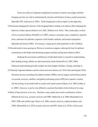 Green sea turtles are important megafaunal consumers of marine macroalgae and their
foraging activities are vital to maintaining the structure and function of many coastal ecosystems
(Bjorndal 1997, Jackson et al. 2001). Turtle foraging has a direct impact via the algae they
consume changing the structure of the foraging habitat, leading to an indirect effect changing the
behavior of other species (Jackson et al. 2001; Wabnitz et al. 2010). Thus, turtles play a critical
role in ecosystem balance (Pandolfi et al. 2003), acting as consumers, prey, competitors, parasitic
hosts, substrates for epibionts, engineers of the benthic substrate, and nutrient transporters
(Bjorndal and Jackson 2003). For instance, a larger green turtle population in the Caribbean
would result in more grazing on Thalassia testudinum seagrass, reducing the time for epibiont
colonization on the blades and shortening seagrass nutrient cycling times (Jackson 2001).
Studying the movements and behavior of individual turtles is essential to understanding
their feeding ecology, habitat use and conservation needs (Seminoff et al. 2002, 2006).
Enhanced understanding provides insights into time budgets (feeding / resting), and helps to
identify important habitats used for critical activities (Senko et al. 2010; Hart and Fujisaki 2010).
Electronic devices, including time-depth recorders (TDRs), activity loggers and tracking systems
via acoustic receivers, satellites, and global positioning system (GPS) have opened a window
into the ecology of sea turtles both in oceanic and coastal systems (Myers et al. 2006; Godley et
al. 2008). However, it can be very difficult to ascertain fine details of dive behavior by using
one of these devices on its own. Therefore, many studies have used a combination of these
different devices (e.g., acoustic receivers and TDRs: Makowski et al. 2006; Blumenthal et al.
2009; TDRs and satellite tags: Myers et al. 2006; acoustic receivers, capture/recapture, and
TDRs: Blumenthal et al. 2010; acoustic receivers and GPS: Senko et al. 2010), or have used
136
3145
3150
3155
3160
 