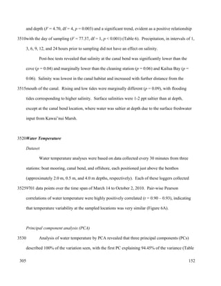 and depth (F = 4.70, df = 4, p = 0.003) and a significant trend, evident as a positive relationship
with the day of sampling (F = 77.37, df = 1, p < 0.001) (Table 6). Precipitation, in intervals of 1,
3, 6, 9, 12, and 24 hours prior to sampling did not have an effect on salinity.
Post-hoc tests revealed that salinity at the canal bend was significantly lower than the
cove (p = 0.04) and marginally lower than the cleaning station (p = 0.06) and Kailua Bay (p =
0.06). Salinity was lowest in the canal habitat and increased with further distance from the
mouth of the canal. Rising and low tides were marginally different (p = 0.09), with flooding
tides corresponding to higher salinity. Surface salinities were 1-2 ppt saltier than at depth,
except at the canal bend location, where water was saltier at depth due to the surface freshwater
input from Kawai’nui Marsh.
Water Temperature
Dataset
Water temperature analyses were based on data collected every 30 minutes from three
stations: boat mooring, canal bend, and offshore, each positioned just above the benthos
(approximately 2.0 m, 0.5 m, and 4.0 m depths, respectively). Each of these loggers collected
9701 data points over the time span of March 14 to October 2, 2010. Pair-wise Pearson
correlations of water temperature were highly positively correlated (r = 0.90 – 0.93), indicating
that temperature variability at the sampled locations was very similar (Figure 6A).
Principal component analysis (PCA)
Analysis of water temperature by PCA revealed that three principal components (PCs)
described 100% of the variation seen, with the first PC explaining 94.45% of the variance (Table
152
3510
3515
3520
3525
3530
305
 