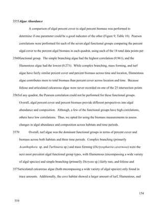 Algae Abundance
A comparison of algal percent cover to algal percent biomass was performed to
determine if one parameter could be a good indicator of the other (Figure 9; Table 10). Pearson
correlations were performed for each of the seven algal functional groups comparing the percent
algal cover to the percent algal biomass in each quadrat, using each of the 18 total data points per
functional group. The simple branching algae had the highest correlation (0.961), and the
filamentous algae had the lowest (0.271). While complex branching, mass forming, and turf
algae have fairly similar percent cover and percent biomass across time and location, filamentous
algae contributes more to total biomass than percent cover across location and time. Because
foliose and articulated calcareous algae were never recorded on one of the 25 intersection points
of any quadrat, the Pearson correlation could not be performed for these functional groups.
Overall, algal percent cover and percent biomass provide different perspectives into algal
abundance and composition. Although, a few of the functional groups have high correlations,
others have low correlations. Thus, we opted for using the biomass measurements to assess
changes in algal abundance and composition across habitats and time periods.
Overall, turf algae was the dominant functional groups in terms of percent cover and
biomass across both habitats and three time periods. Complex branching (primarily
Acanthophora sp. and Turbinaria sp.) and mass forming (Dictyosphaeria cavernosa) were the
next most prevalent algal functional group types, with filamentous (encompassing a wide variety
of algal species) and simple branching (primarily Dictyota sp.) fairly rare, and foliose and
articulated calcareous algae (both encompassing a wide variety of algal species) only found in
trace amounts. Additionally, the cove habitat showed a larger amount of turf, filamentous, and
154
3555
3560
3565
3570
3575
310
 