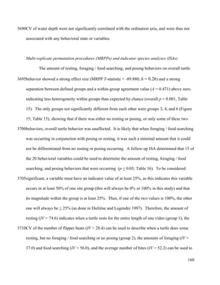 CV of water depth were not significantly correlated with the ordination axis, and were thus not
associated with any behavioral state or variables.
Multi-replicate permutation procedures (MRPPs) and indicator species analyses (ISAs)
The amount of resting, foraging / food searching, and posing behaviors on overall turtle
behavior showed a strong effect size (MRPP T-statistic = -89.880; δ = 0.26) and a strong
separation between defined groups and a within-group agreement value (A = 0.471) above zero,
indicating less heterogeneity within groups than expected by chance (overall p < 0.001, Table
15). The only groups not significantly different from each other were groups 3, 4, and 6 (Figure
15; Table 15), showing that if there was either no resting or posing, or only some of these two
behaviors, overall turtle behavior was unaffected. It is likely that when foraging / food searching
was occurring in conjunction with posing or resting, it was such a minimal amount that it could
not be differentiated from no resting or posing occurring. A follow-up ISA determined that 15 of
the 20 behavioral variables could be used to determine the amount of resting, foraging / food
searching, and posing behaviors that were occurring (p < 0.05; Table 16). To be considered
significant, a variable must have an indicator value of at least 25%, as this indicates this variable
occurs in at least 50% of one site group (this will always be 0% or 100% in this study) and that
its magnitude within the group is at least 25%. Thus, if one of the two values is 100%, the other
one will always be > 25% (as done in Dufrêne and Legendre 1997). Therefore, the amount of
resting (IV = 74.6) indicates when a turtle rests for the entire length of one video (group 1), the
CV of the number of flipper beats (IV = 28.4) can be used to describe when a turtle does some
resting, but no foraging / food searching or no posing (group 2), the amounts of foraging (IV =
37.0) and food searching (IV = 56.0), and the average number of bites (IV = 52.2) can be used to
160
3690
3695
3700
3705
3710
 
