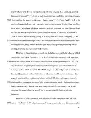describe when a turtle does no resting or posing, but some foraging / food searching (group 3),
the amount of posing (IV = 71.3) can be used to indicate when a turtle does no resting or foraging
/ food searching, but some posing (group 4), the maximum (IV = 31.7) and CV (IV = 36.2) of the
number of bites can indicate when a turtle does some resting and some foraging / food searching,
but no posing (group 5), no behavioral parameters indicated no resting, but some foraging / food
searching and some posing behaviors (group 6), and the amount of swimming behavior (IV =
28.6) can indicate when no resting, posing, or foraging / food searching occurs (group 7). The
amount of time spent swimming within a video could be used to indicate when none of the three
behaviors occurred, likely because the turtle spent these videos primarily swimming, but also
hovering, breathing, and occasionally body swiping.
The effect of the combination of month and tidal phase on overall turtle behavior yielded
a small effect size (MRPP T-statistic = -1.154; δ = 0.49) indicating an overall weak separation
between the defined groups and a chance corrected within-group agreement value (A = 0.012)
very close to zero, suggesting that the heterogeneity within groups equals the expectation by
chance (overall p = 0.127, Table 17). The MRPP analysis of behavior by month and tidal phase
did not yield significant results and identified no behavioral variable indicators. Because these
temporal variables did not predict turtle behavior within KME, this result suggests that turtle
behavior did not change as a function of tidal cycles and months (March – October) throughout
the course of this study. Because there were no significant differences amongst the defined
groups, no ISA was conducted to identify the variables responsible for these pair-wise
differences.
The effect of habitat on overall turtle behavior yielded a strong effect size (MRPP T-
statistic = -18.706; δ = 0.47) indicating an overall strong separation between defined groups, but
161
3715
3720
3725
3730
3735
 