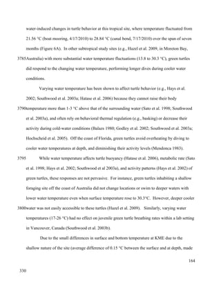 water-induced changes in turtle behavior at this tropical site, where temperature fluctuated from
21.56 °C (boat mooring, 4/17/2010) to 28.84 °C (canal bend, 7/17/2010) over the span of seven
months (Figure 6A). In other subtropical study sites (e.g., Hazel et al. 2009, in Moreton Bay,
Australia) with more substantial water temperature fluctuations (13.8 to 30.3 °C), green turtles
did respond to the changing water temperature, performing longer dives during cooler water
conditions.
Varying water temperature has been shown to affect turtle behavior (e.g., Hays et al.
2002; Southwood et al. 2003a; Hatase et al. 2006) because they cannot raise their body
temperature more than 1-3 °C above that of the surrounding water (Sato et al. 1998; Southwood
et al. 2003a), and often rely on behavioral thermal regulation (e.g., basking) or decrease their
activity during cold-water conditions (Balazs 1980; Godley et al. 2002; Southwood et al. 2003a;
Hochscheid et al. 2005). Off the coast of Florida, green turtles avoid overheating by diving to
cooler water temperatures at depth, and diminishing their activity levels (Mendonca 1983).
While water temperature affects turtle buoyancy (Hatase et al. 2006), metabolic rate (Sato
et al. 1998; Hays et al. 2002; Southwood et al 2003a), and activity patterns (Hays et al. 2002) of
green turtles, these responses are not pervasive. For instance, green turtles inhabiting a shallow
foraging site off the coast of Australia did not change locations or swim to deeper waters with
lower water temperature even when surface temperature rose to 30.3°C. However, deeper cooler
water was not easily accessible to these turtles (Hazel et al. 2009). Similarly, varying water
temperatures (17-26 °C) had no effect on juvenile green turtle breathing rates within a lab setting
in Vancouver, Canada (Southwood et al. 2003b).
Due to the small differences in surface and bottom temperature at KME due to the
shallow nature of the site (average difference of 0.15 °C between the surface and at depth, made
164
3785
3790
3795
3800
330
 