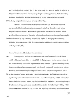 chewing the item in its mouth (Table 2). The turtle would then return its head to the substrate to
take another bite, or continue moving slowly along the substrate performing the food searching
behavior. This foraging behavior involved algae of various functional groups, primarily
including complex branching, mass forming, and turf algae,
Foraging / food searching dives were typically very active, with a great amount of
movement both horizontally along the substrate and vertically as the turtles would surface
frequently for quick breaths. Because these types of dives would result in an erratic bottom
profile, with a great amount of fluctuation in bottom depth, foraging turtles would be expected to
be characterized by high variability in depth (high depth CV). Foraging / food searching
behaviors were concentrated within the cove and Kailua Bay habitats, but fairly scattered within
each (Figures 11b, 12b).
General Description of Turtle Behaviors: Breathing
Breathing turtles were motionless with their head above the surface, with occasional
visible bubbles and/or expulsion of water (Table 2). Turtles spent a varying amount of time at
the surface breathing while taking anywhere from one to 9 breaths. Typically, breathing during
foraging would entail a single quick breath, with the turtle immediately returning to the bottom.
Breathing events after resting would typically entail a much longer surfacing interval, with a
greater number of breaths being taken. Number of breaths taken per 30 seconds was positively
significantly correlated with time spent within the cove habitat (r = 0.42, p < 0.01) and no other
habitat, indicating a greater amount of active behavior within this habitat. Average time between
breaths was positively significantly related with time spent in the Kailua Bay (r = 0.16, p < 0.01)
and the rocky shore habitat (r = 0.17, p < 0.01), and negatively significantly correlated with time
169
3900
3905
3910
3915
340
 