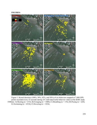 FIGURES:
Figure 1. Kernel densities (100%, 99%, 95%, and 50%) of six behaviors mapped at 7,480 GPS
points recorded every 15 seconds during 251 individual turtle behavior videos at the KME study
site: A) Resting (n = 672); B) Foraging (n = 1000); C) Breathing (n = 176); D) Posing (n = 228);
E) Swimming (n = 4334); F) Hovering (n = 1034).
238
5495
5500
 