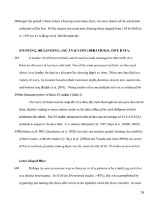 longer the period of time before a binning event takes place, the more details of the actual data
collected will be lost. Of the studies discussed here, binning times ranged from 0.05 hr (Brill et
al. 1995) to 12 hr (Hays et al. 2001b) intervals.
STUDYING, ORGANIZING, AND ANALYZING BEHAVIORAL DIVE DATA:
A number of different methods can be used to study and organize data turtle dive
behavior data once it has been collected. One of the most prominent methods, as discussed
above, is to display the data in a dive profile, showing depth vs. time. Dives are classified in a
variety of ways, for instance based on their maximum depth, duration, descent rate, ascent rate,
and bottom time (Fedak et al. 2001). Diving studies often use multiple metrics as evidenced by
the literature review of these 29 studies (Table 3).
The more methods used to study the dive data, the more thorough the analyses that can be
done, thereby leading to more certain results as the data collected by each different method
reinforces the others. The 29 studies discussed in this review use an average of 2.9 (±1.6 S.D.)
methods to organize the dive data. Five studies (Renaud et al. 1995; Hays et al. 2001b; 2002b;
Heithaus et al. 2002; Quaintance et al. 2002) use only one method, greatly limiting the reliability
of their results, while the studies by Hays et al. (2004a) and Yasuda and Arai (2009a) use seven
different methods, possibly making these two the most reliable of the 29 studies reviewed here.
Letter-Shaped Dives
Perhaps the most prominent way to characterize dive patterns is by classifying each dive
as a distinct type (name). In 13 of the 29 reviewed studies (~45%), this was accomplished by
organizing and naming the dives after letters in the alphabet which the dives resemble. In most
24
580
585
590
595
600
 