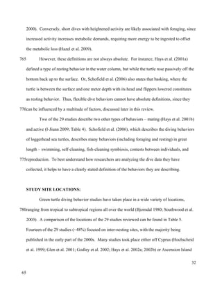 2000). Conversely, short dives with heightened activity are likely associated with foraging, since
increased activity increases metabolic demands, requiring more energy to be ingested to offset
the metabolic loss (Hazel et al. 2009).
However, these definitions are not always absolute. For instance, Hays et al. (2001a)
defined a type of resting behavior in the water column, but while the turtle rose passively off the
bottom back up to the surface. Or, Schofield et al. (2006) also states that basking, where the
turtle is between the surface and one meter depth with its head and flippers lowered constitutes
as resting behavior. Thus, flexible dive behaviors cannot have absolute definitions, since they
can be influenced by a multitude of factors, discussed later in this review.
Two of the 29 studies describe two other types of behaviors – mating (Hays et al. 2001b)
and active (I-Jiunn 2009; Table 4). Schofield et al. (2006), which describes the diving behaviors
of loggerhead sea turtles, describes many behaviors (including foraging and resting) in great
length – swimming, self-cleaning, fish-cleaning symbiosis, contests between individuals, and
reproduction. To best understand how researchers are analyzing the dive data they have
collected, it helps to have a clearly stated definition of the behaviors they are describing.
STUDY SITE LOCATIONS:
Green turtle diving behavior studies have taken place in a wide variety of locations,
ranging from tropical to subtropical regions all over the world (Bjorndal 1980; Southwood et al.
2003). A comparison of the locations of the 29 studies reviewed can be found in Table 5.
Fourteen of the 29 studies (~48%) focused on inter-nesting sites, with the majority being
published in the early part of the 2000s. Many studies took place either off Cyprus (Hochscheid
et al. 1999; Glen et al. 2001; Godley et al. 2002; Hays et al. 2002a; 2002b) or Ascension Island
32
765
770
775
780
65
 