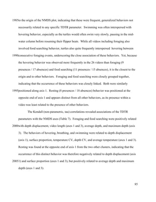 to the origin of the NMDS plot, indicating that these were frequent, generalized behaviors not
necessarily related to any specific TDTR parameter. Swimming was often interspersed with
hovering behavior, especially as the turtles would often swim very slowly, pausing in the mid-
water column before resuming their flipper beats. While all videos including foraging also
involved food searching behavior, turtles also quite frequently interspersed hovering between
consecutive foraging events, underscoring the close association of these behaviors. Yet, because
the hovering behavior was observed more frequently in the 26 videos than foraging (9
presences / 17 absences) and food searching (11 presences / 15 absences), it is the closest to the
origin and to other behaviors. Foraging and food searching were closely grouped together,
indicating that the occurrence of these behaviors was closely linked. Both were similarly
positioned along axis 1. Resting (8 presences / 18 absences) behavior was positioned at the
opposite end of axis 1 and appears distinct from all other behaviors, as its presence within a
video was least related to the presence of other behaviors.
The Kendall (non-parametric, tau) correlations revealed associations of the TDTR
parameters with the NMDS axes (Table 7). Foraging and food searching were positively related
with depth displacement, video length (axes 1 and 3), average depth, and maximum depth (axis
3). The behaviors of hovering, breathing, and swimming were related to depth displacement
(axis 1), surface proportion, temperature CV, depth CV, and average temperature (axes 1 and 3).
Resting was found at the opposite end of axis 1 from the two other clusters, indicating that the
occurrence of this distinct behavior was therefore negatively related to depth displacement (axis
1) and surface proportion (axes 1 and 3), but positively related to average depth and maximum
depth (axes 1 and 3).
85
1985
1990
1995
2000
2005
 