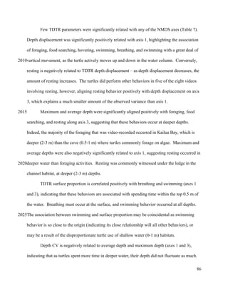 Few TDTR parameters were significantly related with any of the NMDS axes (Table 7).
Depth displacement was significantly positively related with axis 1, highlighting the association
of foraging, food searching, hovering, swimming, breathing, and swimming with a great deal of
vertical movement, as the turtle actively moves up and down in the water column. Conversely,
resting is negatively related to TDTR depth displacement – as depth displacement decreases, the
amount of resting increases. The turtles did perform other behaviors in five of the eight videos
involving resting, however, aligning resting behavior positively with depth displacement on axis
3, which explains a much smaller amount of the observed variance than axis 1.
Maximum and average depth were significantly aligned positively with foraging, food
searching, and resting along axis 3, suggesting that these behaviors occur at deeper depths.
Indeed, the majority of the foraging that was video-recorded occurred in Kailua Bay, which is
deeper (2-3 m) than the cove (0.5-1 m) where turtles commonly forage on algae. Maximum and
average depths were also negatively significantly related to axis 1, suggesting resting occurred in
deeper water than foraging activities. Resting was commonly witnessed under the ledge in the
channel habitat, at deeper (2-3 m) depths.
TDTR surface proportion is correlated positively with breathing and swimming (axes 1
and 3), indicating that these behaviors are associated with spending time within the top 0.5 m of
the water. Breathing must occur at the surface, and swimming behavior occurred at all depths.
The association between swimming and surface proportion may be coincidental as swimming
behavior is so close to the origin (indicating its close relationship will all other behaviors), or
may be a result of the disproportionate turtle use of shallow water (0-1 m) habitats.
Depth CV is negatively related to average depth and maximum depth (axes 1 and 3),
indicating that as turtles spent more time in deeper water, their depth did not fluctuate as much.
86
2010
2015
2020
2025
 