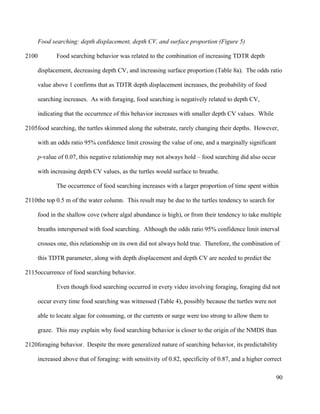 Food searching: depth displacement, depth CV, and surface proportion (Figure 5)
Food searching behavior was related to the combination of increasing TDTR depth
displacement, decreasing depth CV, and increasing surface proportion (Table 8a). The odds ratio
value above 1 confirms that as TDTR depth displacement increases, the probability of food
searching increases. As with foraging, food searching is negatively related to depth CV,
indicating that the occurrence of this behavior increases with smaller depth CV values. While
food searching, the turtles skimmed along the substrate, rarely changing their depths. However,
with an odds ratio 95% confidence limit crossing the value of one, and a marginally significant
p-value of 0.07, this negative relationship may not always hold – food searching did also occur
with increasing depth CV values, as the turtles would surface to breathe.
The occurrence of food searching increases with a larger proportion of time spent within
the top 0.5 m of the water column. This result may be due to the turtles tendency to search for
food in the shallow cove (where algal abundance is high), or from their tendency to take multiple
breaths interspersed with food searching. Although the odds ratio 95% confidence limit interval
crosses one, this relationship on its own did not always hold true. Therefore, the combination of
this TDTR parameter, along with depth displacement and depth CV are needed to predict the
occurrence of food searching behavior.
Even though food searching occurred in every video involving foraging, foraging did not
occur every time food searching was witnessed (Table 4), possibly because the turtles were not
able to locate algae for consuming, or the currents or surge were too strong to allow them to
graze. This may explain why food searching behavior is closer to the origin of the NMDS than
foraging behavior. Despite the more generalized nature of searching behavior, its predictability
increased above that of foraging: with sensitivity of 0.82, specificity of 0.87, and a higher correct
90
2100
2105
2110
2115
2120
 