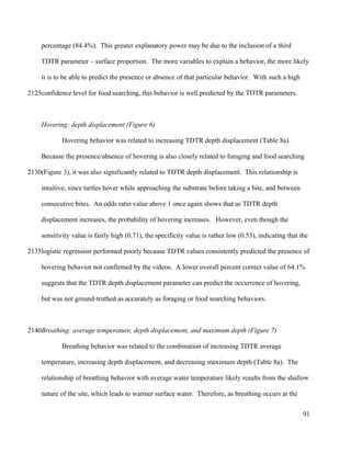 percentage (84.4%). This greater explanatory power may be due to the inclusion of a third
TDTR parameter – surface proportion. The more variables to explain a behavior, the more likely
it is to be able to predict the presence or absence of that particular behavior. With such a high
confidence level for food searching, this behavior is well predicted by the TDTR parameters.
Hovering: depth displacement (Figure 6)
Hovering behavior was related to increasing TDTR depth displacement (Table 8a).
Because the presence/absence of hovering is also closely related to foraging and food searching
(Figure 3), it was also significantly related to TDTR depth displacement. This relationship is
intuitive, since turtles hover while approaching the substrate before taking a bite, and between
consecutive bites. An odds ratio value above 1 once again shows that as TDTR depth
displacement increases, the probability of hovering increases. However, even though the
sensitivity value is fairly high (0.71), the specificity value is rather low (0.53), indicating that the
logistic regression performed poorly because TDTR values consistently predicted the presence of
hovering behavior not confirmed by the videos. A lower overall percent correct value of 64.1%
suggests that the TDTR depth displacement parameter can predict the occurrence of hovering,
but was not ground-truthed as accurately as foraging or food searching behaviors.
Breathing: average temperature, depth displacement, and maximum depth (Figure 7)
Breathing behavior was related to the combination of increasing TDTR average
temperature, increasing depth displacement, and decreasing maximum depth (Table 8a). The
relationship of breathing behavior with average water temperature likely results from the shallow
nature of the site, which leads to warmer surface water. Therefore, as breathing occurs at the
91
2125
2130
2135
2140
 
