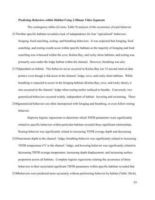 Predicting Behaviors within Habitat Using 2-Minute Video Segments
The contingency tables (G-tests; Table 9) analysis of the occurrence of each behavior
within specific habitats revealed a lack of independence for four “specialized” behaviors:
foraging, food searching, resting, and breathing behaviors. It was expected that foraging, food
searching, and resting would occur within specific habitats as the majority of foraging and food
searching was witnessed within the cove, Kailua Bay, and rocky shore habitats, and resting was
primarily seen under the ledge habitat within the channel. However, breathing was also
dependent on habitat. This behavior never occurred in Kailua Bay (on 15-second interval data
points), even though it did occur in the channel / ledge, cove, and rocky shore habitats. While
breathing is expected to occur in the foraging habitats (Kailua Bay, cove, and rocky shore), it
also occurred in the channel / ledge when resting turtles surfaced to breathe. Conversely, two
generalized behaviors occurred widely, independent of habitat: hovering and swimming. These
generalized behaviors are often interspersed with foraging and breathing, or even follow resting
behavior.
Stepwise logistic regressions to determine which TDTR parameters were significantly
related to specific behaviors within particular habitats revealed three significant relationships.
Resting behavior was significantly related to increasing TDTR average depth and decreasing
maximum depth in the channel / ledge; breathing behavior was significantly related to increasing
TDTR temperature CV in the channel / ledge; and hovering behavior was significantly related to
decreasing TDTR average temperature, increasing depth displacement, and increasing surface
proportion across all habitats. Complete logistic regressions relating the occurrence of these
behaviors to their associated significant TDTR parameters within specific habitats revealed that
behaviors were predicted more accurately without partitioning behavior by habitat (Table 10a-b),
93
2170
2175
2180
2185
2190
 