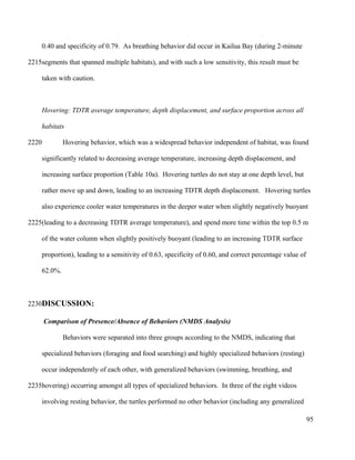 0.40 and specificity of 0.79. As breathing behavior did occur in Kailua Bay (during 2-minute
segments that spanned multiple habitats), and with such a low sensitivity, this result must be
taken with caution.
Hovering: TDTR average temperature, depth displacement, and surface proportion across all
habitats
Hovering behavior, which was a widespread behavior independent of habitat, was found
significantly related to decreasing average temperature, increasing depth displacement, and
increasing surface proportion (Table 10a). Hovering turtles do not stay at one depth level, but
rather move up and down, leading to an increasing TDTR depth displacement. Hovering turtles
also experience cooler water temperatures in the deeper water when slightly negatively buoyant
(leading to a decreasing TDTR average temperature), and spend more time within the top 0.5 m
of the water column when slightly positively buoyant (leading to an increasing TDTR surface
proportion), leading to a sensitivity of 0.63, specificity of 0.60, and correct percentage value of
62.0%.
DISCUSSION:
Comparison of Presence/Absence of Behaviors (NMDS Analysis)
Behaviors were separated into three groups according to the NMDS, indicating that
specialized behaviors (foraging and food searching) and highly specialized behaviors (resting)
occur independently of each other, with generalized behaviors (swimming, breathing, and
hovering) occurring amongst all types of specialized behaviors. In three of the eight videos
involving resting behavior, the turtles performed no other behavior (including any generalized
95
2215
2220
2225
2230
2235
 