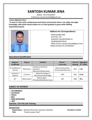 SANTOSH KUMAR JENA
Mobile: +91-9776320337
E-Mail:jena.santosh.bubu99@gmail.com
Career Objective Here :
To work in a firm with a professional work driven environment where I can utilize and apply
knowledge, skills which would enable me as a fresh graduate to grow while fulfilling
organizational goals.
Address For Correspondence:
BIPIN KUMAR JENA
PLOT NO.-779
SUNLIGHT COLONY(PHASE-2)
ASHRAM,NEW DELHI
EMAIL ID:jena.santosh.bubu99@gmail.com
Mobile Number:91-9776320337
Educational Qualification
Degree /
Certificate
Degree Institute Board /
University
Year of
Passing
Aggregate
% / CGPA
B.Tech(Mention
Branch)
Mechanical
Institute of Technical
Education
&Research,Bhubaneswar
Siksha O Anusandhan
University,Bhubaneswar
2015 7.93
+2 Science /
Diploma
+2 Science
Maharishi College of
NaturalLaw,Saheed Nagar
CHSE 2011 67.66
10th
Matriculation
Debaraj Bidya
Pitha,Bomikhal,Bhubaneswar
BSE 2009 78.5
SUBJECT OF INTEREST
 AUTOMOBILE
 AUTOCAD
 PRO-E
 MST
 WEB DESIGNING
 .NET
Summer / On-The Job Training
During B.Tech
Organization: National Aluminium Company Ltd,Nalco Duration:1 month
Title: “Smelter power Plant”
 