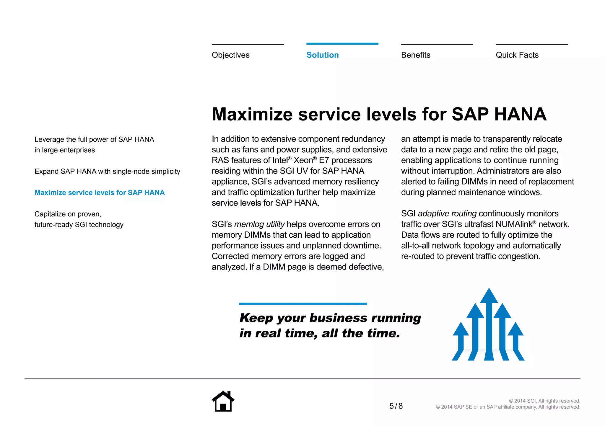 5 / 8
© 2014 SGI. All rights reserved.
© 2014 SAP SE or an SAP affiliate company. All rights reserved.
Maximize service levels for SAP HANA
In addition to extensive component redundancy
such as fans and power supplies, and extensive
RAS features of Intel®
Xeon®
E7 processors
residing within the SGI UV for SAP HANA
appliance, SGI’s advanced memory resiliency
and traffic optimization further help maximize
service levels for SAP HANA.
SGI’s memlog utility helps overcome errors on
memory DIMMs that can lead to application
performance issues and unplanned downtime.
Corrected memory errors are logged and
analyzed. If a DIMM page is deemed defective,
an attempt is made to transparently relocate
data to a new page and retire the old page,
enabling applications to continue running
without interruption. Administrators are also
alerted to failing DIMMs in need of replacement
during planned maintenance windows.
SGI adaptive routing continuously monitors
traffic over SGI’s ultrafast NUMAlink®
network.
Data flows are routed to fully optimize the
all-to-all network topology and automatically
re-routed to prevent traffic congestion.
BenefitsSolutionObjectives Quick Facts
Leverage the full power of SAP HANA
in large enterprises
Expand SAP HANA with single-node simplicity
Maximize service levels for SAP HANA
Capitalize on proven,
future-ready SGI technology
Keep your business running
in real time, all the time.
 