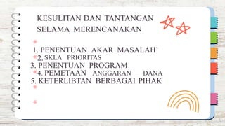 2.SKLA PRIORITAS
4. PEMETAAN ANGGARAN DANA
KESULITAN DAN TANTANGAN
SELAMA MERENCANAKAN
1. PENENTUAN AKAR MASALAH’
3. PENENTUAN PROGRAM
5. KETERLIBTAN BERBAGAI PIHAK
 