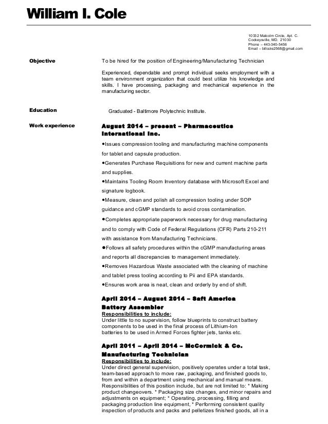 resume engineering technician 2017
