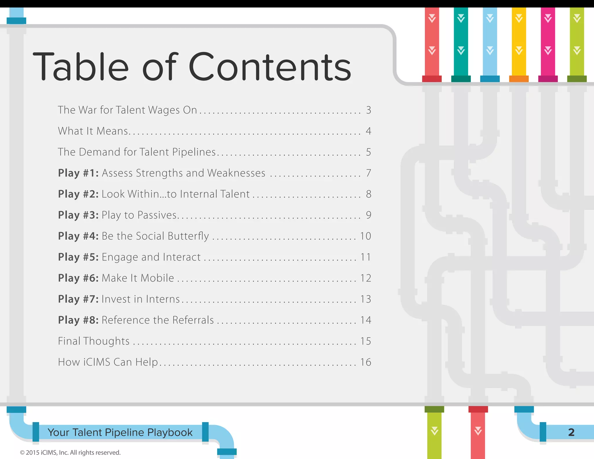 Table of Contents
Your Talent Pipeline Playbook
© 2015 iCIMS, Inc. All rights reserved.
The War for Talent Wages On . . . . . . . . . . . . . . . . . . . . . . . . . . . . . . . . . . . . . 3
What It Means. . . . . . . . . . . . . . . . . . . . . . . . . . . . . . . . . . . . . . . . . . . . . . . . . . . . . 4
The Demand for Talent Pipelines. . . . . . . . . . . . . . . . . . . . . . . . . . . . . . . . . 5
Play #1: Assess Strengths and Weaknesses . . . . . . . . . . . . . . . . . . . . . 7
Play #2: Look Within...to Internal Talent . . . . . . . . . . . . . . . . . . . . . . . . . 8
Play #3: Play to Passives. . . . . . . . . . . . . . . . . . . . . . . . . . . . . . . . . . . . . . . . . . 9
Play #4: Be the Social Butterﬂy . . . . . . . . . . . . . . . . . . . . . . . . . . . . . . . . . 10
Play #5: Engage and Interact . . . . . . . . . . . . . . . . . . . . . . . . . . . . . . . . . . . 11
Play #6: Make It Mobile . . . . . . . . . . . . . . . . . . . . . . . . . . . . . . . . . . . . . . . . . 12
Play #7: Invest in Interns . . . . . . . . . . . . . . . . . . . . . . . . . . . . . . . . . . . . . . . . 13
Play #8: Reference the Referrals . . . . . . . . . . . . . . . . . . . . . . . . . . . . . . . . 14
Final Thoughts . . . . . . . . . . . . . . . . . . . . . . . . . . . . . . . . . . . . . . . . . . . . . . . . . . . 15
How iCIMS Can Help. . . . . . . . . . . . . . . . . . . . . . . . . . . . . . . . . . . . . . . . . . . . . 16
2
 