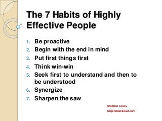 The 7 Habits of Highly
Effective People
1. Be proactive
2. Begin with the end in mind
3. Put first things first
4. Think win-win
5. Seek first to understand and then to
be understood
6. Synergize
7. Sharpen the saw
Stephen Covey
InspirationBoost.com
 