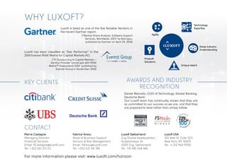 Unique talent
Deep Industry
Understanding
Technology
Expertise
Prebuilt
Solutions
Agility
Daniel Marovitz, COO of Technology, Global Banking,
Deutsche Bank:
Our Luxoft team has continually shown that they are
as committed to our success as we are, and that they
are prepared to lead rather than simply follow.
Luxoft is listed as one of the five Notable Vendors in
the recent Gartner report.
Luxoft has been classified as “Star Performer” in the
2014 Everest PEAK Matrix for Capital Markets AO.
For more information please visit: www.luxoft.com/horizon
Pierre Castagne
Managing Director
Financial Services
Email: PCastagne@luxoft.com
Tel: +352 661 212 113
Fabrice Aresu
Head of Business Support
Horizon & Risk Management
Email: FAresu@luxoft.com
Tel: +352 621 541180
Luxoft Switzerland
Zug Global Headquarters
Gubelstrasse 24
6300 Zug, Switzerland
Tel: +41 445 568 446
Luxoft USA
100 Wall St, Suite 503
New York, NY 10005
Tel: +1 212 964 9900
KEY CLIENTS
WHY LUXOFT?
CONTACT
AWARDS AND INDUSTRY
RECOGNITION
(“Market Share Analysis: Software Support
Services, Worldwide, 2013” by Bob Igou,
published by Gartner on April 29, 2014)
(“IT Outsourcing in Capital Markets –
Service Provider Landscape with PEAK
Matrix™ Assessment 2014” published by
Everest Group in November 2014)
 