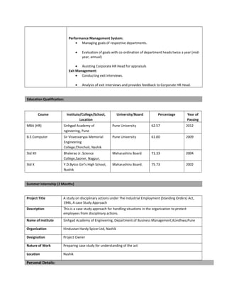 Performance Management System:
• Managing goals of respective departments.
• Evaluation of goals with co-ordination of department heads twice a year (mid-
year, annual)
• Assisting Corporate HR Head for appraisals
Exit Management:
• Conducting exit interviews.
• Analysis of exit interviews and provides feedback to Corporate HR Head.
Education Qualification:
Course Institute/College/School,
Location
University/Board Percentage Year of
Passing
MBA (HR) Sinhgad Academy of
ngineering, Pune
Pune University 62.57 2012
B.E.Computer Sir Visvesvaryya Memorial
Engineering
College,Chincholi, Nashik
Pune University 61.00 2009
Std XII Bhalerao Jr. Science
College,Saoner, Nagpur.
Maharashtra Board 71.33 2004
Std X Y.D.Bytco Girl’s High School,
Nashik
Maharashtra Board. 75.73 2002
Summer Internship (2 Months)
Project Title A study on disciplinary actions under The Industrial Employment (Standing Orders) Act,
1946, A case Study Approach
Description This is a case study approach for handling situations in the organization to protect
employees from disciplinary actions.
Name of Institute Sinhgad Academy of Engineering, Department of Business Management,Kondhwa,Pune
Organization Hindustan Hardy Spicer Ltd, Nashik
Designation Project Owner
Nature of Work Preparing case study for understanding of the act
Location Nashik
Personal Details:
 