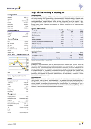 Autumn 2008 110
Listing Details
Bloomberg NBPC LN
Exchange AIM
ISIN IM00B1N95Z00
Domicile Isle of Man
Launch date 26-Feb-07
Market value £3.80m
Market value US$5.81m
Investment Focus
Geography India
Strategy Investor
Sector Listed equities
Current Trading
Price US$0.11
NAV per share US$0.25
NAV date 31-Oct-08
NAV frequency M
Next NAV announced 12-Dec-08
Discount -57.0%
Dividend yield -
Share Price & NAV Since Launch
0.1
0.3
0.5
0.7
0.9
1.1
1.3
1.5
1.7
1.9
Mar-07 Mar-08
Source: Proquote and Libertas Capital
Assets
No. of properties/projects 26
Total assets US$66.9m
Cash US$0.0m
% cash 0.0%
Loans US$0.0m
Gross gearing 0.0%
Net gearing 0.0%
Management
Company structure Fund
Management group Charlemagne Capital
Annual fee 1.75%
Performance fee 15% of increase in NAV
Management notice period 3yrs; 1 yr
Key individual KC Reddy
Tel. +44 (0)20 7518 2100
E-mail n/a
Valuer
Website www.nayabharat.org
Naya Bharat Property Company plc
Company Summary
Naya Bharat Property Company plc (NBPC) is an Isle of Man company established to invest primarily in both listed
and unlisted companies whose principal activity is the ownership and/or development of land in India. NBPC seeks
to take advantage of perceived capital market pricing anomalies by investing in established listed property
investors/developers at substantial discounts to their Net Asset Values (NAVs). In this way, investors in NBPC
potentially benefit from both the reduction in the discount to NAV and the anticipated robust performance of the
physical property market. In addition, special situations are sought in unlisted/pre-IPO and property-rich small
capitalisation stocks.
Portfolio – Largest Properties
Property Portfolio
(%)
Net Assets
(%)
Value
(£m)
Orbit Corporation 20.21 19.1 12.26
Era Contruction 13.86 13.1 8.41
IFCI 11.64 11 7.06
Ansal Properties 10.9 10.3 6.61
Housing Development and Infrastructure 9.21 8.7 5.59
DSK Developers 7.83 7.4 4.75
Unitech 7.3 6.9 4.43
Source: Fundamental Data at March 31 2008
Portfolio Distribution
Country Sector % Value
(US$m)
Cash & Fixed Interest - 5.5 3.531
India Property 94.5 60.669
Source: Fundamental Data at June 30 2008
Investment Manager
Mr Reddy is an Indian national who joined the Charlemagne Group in September 2005. Previously he was with
Thames River Capital in London, where he worked as a fund manager within the emerging markets team with special
emphasis on Korea, Taiwan and India and a sector specialisation on technology. Prior to this, Mr Reddy was with
Quantum Capital in the US. From 1996 to 2001 he was an investment manager at Credit Agricole Asset Management
in Hong Kong, where he was responsible for investments in India and Asian technology. Mr Reddy started his career
at Peregrine Securities in Mumbai as an investment analyst. He holds an MBA from the Indian Institute of
Management (associated with the Sloan School of Management at MIT) and a degree in Engineering (Computer
Sciences) at Osmania University in India.
Investment Strategy
NBPC's portfolio of investments seeks to provide exposure to the residential, commercial, retail, industrial and
Special Economic Zone (SEZ) sectors. Geographic exposure is also diversified across major and secondary cities in
India. The primary focus of target companies is the development of property portfolios/land banks, although certain
investee companies may also retain completed properties for income generation. The company may also invest in
special situations such as small capitalisation stocks with perceived large undervalued property holdings, where a
catalyst for re-valuation/realisation of the property assets is anticipated.
 