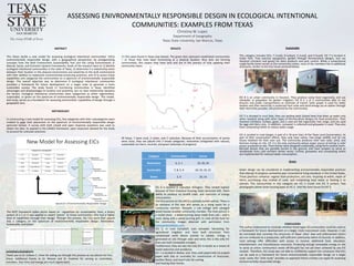 ASSESSING ENIVRONMENTALLY RESPONSIBLE DESGIN IN ECOLOGICAL INTENTIONAL
COMMUNITIES: EXAMPLES FROM TEXAS
Christina W. Lopez
Department of Geography
Texas State University, San Marcos, Texas
ABSTRACT
This thesis builds a new model for assessing ecological intentional communities’ (EICs)
environmentally responsible design, with a geographical perspective, by amalgamating
concepts from the Built Environment Sustainability Tool and the Living Environments in
Natural, Social, and Economic Systems frameworks. Goals of the research were to 1) identify
ecological intentional communities in the state of Texas, 2) determine if a relationship exists
between their location in the physical environment and proximity to the built environment
with their abilities to implement environmental-enhancing practices, and 3) to assess these
capabilities and categorize the communities on a spectrum of environmentally responsible
design. The overall objective was to determine if ecological intentional communities
provided a framework for future development on a larger scale to generate a more
sustainable society. The study found 11 functioning communities in Texas, identified
advantages and disadvantages to location and proximity, but no clear relationship between
the factors. Ecological intentional communities were categorized as either regenerative,
sustainable, or green on the spectrum of environmentally responsible design. This model,
and study, serves as a foundation for assessing communities’ capabilities of design through a
geographic lens.
METHDOLOGY
In constructing a new model for assessing EICs, five categories with their subcategories were
created to gage their placement on the spectrum of environmentally responsible design
(pictured below). A survey with both closed and open response questions was used to
obtain the data. As applied in the LENSES framework, open responses allowed for the study
to account for unknown practices.
The BEST framework tallies points based on capabilities for sustainability. Here, a binary
system of a 1 or 0 was applied to award “points” to those communities who had a higher
level of capabilities through their design. Through this process, the EICs were then placed
into a category on the spectrum of environmentally responsible design: Restorative,
Sustainable, and Green.
RESULTS
11 EICs were found in Texas (see below). The green dots represent established communities
– or those that have been functioning at a physical location. Blue dots are forming
communities; this means they have land and are in the process of fully applying their
community vision.
Of these, 7 were rural, 2 urban, and 2 suburban. Because of their accumulation of points
were close, they are placed into 3 broad categories: restorative (integrated with nature),
sustainable (no harm, neutral), and green (attempts of progress).
Restorative
Sustainable
This category includes EICs: 7 (rural), 8 (urban), 5 (rural), and 4 (rural). EIC 7 is located in
Cedar Park. They practice aquaponics, garden through Permaculture designs, and use
livestock (chickens and goats) for dairy products and pest control. While a conventional
single family home serves as the community center, most of the members live in additional
structures, similar to the tiny house pictured below.
EIC 8 is an urban community in Houston. They produce some food organically, and use
rainwater or greywater for garden irrigation. EIC 8 is 1 of 2 communities able to use
bicycles and public transportation as methods of transit. Solar power is used for water
heaters and their electricity is produced from solar and wind energy (as an option through
their electricity provider, not produced by the community).
EIC 5 is situated in rural Dale, they use wicking beds (raised beds that draw up water only
when needed) along with other types of Permaculture designs for food production. Their
livestock (chickens, turkeys, goats, and a cow) are fed organically, free range, and are used
for eggs and dairy only. In addition, rainwater is collected and greywater is used. They also
have composting toilets to reduce water usage.
EIC 4, located in rural Sanger, is part of a 76-acre tract of the Texas Land Conservatory. As
part of their conservation efforts, they only have native, free-range wildlife and do not
house livestock for their own use. The community produces their own solar, wind, and
biomass energy on site. EIC 4 is the only community whose major source of energy is solar
power produced on site. Their homes were designed sustainably, using Ferro-cement Earth-
bermed domes that are partially buried in the ground, and have Junipers to serve as
windbreaks from cold northern winter winds. Further, greywater and composting toilets
are implemented for reduced water consumption.
Green
Green design can be considered as implementing environmentally responsible practices
that attempt to progress somewhat past conventional living standards in the United States.
These practices comprise: organic food production, soil care, recycling of waste, repair of
items, purchasing new instead of used, and composting food waste or feeding it to
animals. The communities in this category are EIC 2 (rural) and EIC 9 (urban). Two
photographs below show housing types at EIC 2. And the main house for EIC 9.
CONCLUSION
The author endeavored to conclude whether these types of communities could be used as
a framework for future development on a larger, more mainstream scale. However, it can
be concluded that currently the structures of Texas’ cities’ laws and enforcement tactics
are not conducive to a productive, self-sufficient community within its bounds. In addition,
rural settings offer difficulties with access to income, additional food, education,
entertainment, and miscellaneous resources. Producing enough renewable energy on site
to serve an entire community’s needs off-the-grid has not yet been achieved by any EIC
studied. Therefore, this study was not able to confidently support the conclusion that EICs
can be used as a framework for future environmentally responsible design on a larger
scale. Lastly, this “pilot study” provides an approach future scholars can apply for assessing
environmentally responsible design.
Category Communities Scores
Restorative 6, 3, 1 33, 30, 29
Sustainable 7, 8, 5, 4 24, 23, 22, 21
Green 2, 9 20, 16
EIC 6 is located in suburban Arlington. They ranked highest
because of their inventive housing styles (pictured left), there
ability to produce no landfill trash, and reduction of energy
consumption.
The first picture on the left is a partially buried vehicle. There is
an entrance in the rear and serves as a living space for a
community member. Beneath, a cob cottage with salvaged
wood houses another community member. The final picture is
a rocket stove - a wood-burning stove made from cob – and is
used, along with a wood-burning grill, to cook all the food for
the community. Images obtained with permission from
www.gardenofeden.com.
EIC 3, in rural Campbell, uses rainwater harvesting for
agricultural irrigation and have built structures from
compressed earth blocks (similar to adobe). Energy is
generated on site through solar and wind; this is the only EIC
that uses both renewable energies.
Furthermore, they are also the only EIC to barter as a means of
waste reduction and avoidance.
EIC 1 is located in Bedias, and they used papercrete (re-pulped
paper with clay or concrete) for construction of structures,
earthen floors, and mulch pits for cooling
and heating their homes.
ACKNOWLEDGEMENTS
Thank you to Dr. Colleen C. Hiner for aiding me through this process as my advisor for this
thesis. Additional thanks to Dr. Weaver and Dr. Huebner for serving as committee
members. Your time and energy are much appreciated.
 