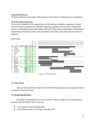 5
Long Term Objective:
To design, fabricate, and compete with human powered vehicles collegiately on an annual basis.
2014-2015 Season Objective:
To set up the foundation of an organization with the purpose of annually competing in human
powered vehicle competitions by officially chartering, creating a diverse team of engineering
students, and building lasting relationships with the Cal Poly Pomona Department of Mechanical
Engineering and businesses that see the importance of investing in the education of tomorrow's
engineers.
Gantt Chart
Figure 1: 2015 Gantt Chart
1.3. Prior Work
Because this is the first year that Cal Poly Pomona has competed as an organization, there
is no prior work to draw from.
1.4. Design Specifications
The goals of our design this year were to build a vehicle conducive to the specifications
outlined in the 2015 HPVC rules. these are:
● 15 ft minimum vehicle turning radius
● Vehicle braking from 15 to 0 mph in less than 20 ft
 