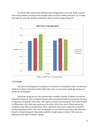 T
one and f
was mad
1.7.2. Fr
T
which piv
chosen fo
D
inspiratio
as oppose
is difficu
Vendetta
extended
but prove
addressed
To test for rid
five minutes
e for each ri
rame
The frame wa
vot about a p
or its feasibi
During the de
on (Figure 6)
ed to turning
ult due to the
a in near-full
d pedalling m
es disadvant
d in the Spir
der comfort t
s in each pos
ider and then
F
as designed t
point just in
lity.
esign proces
). This recum
g the front w
e riders legs o
ly reclined p
motion. This
ageous when
rit of Randy’
three differe
ition multipl
n combined t
Figure 5: Ride
to incorpora
front of the
s, the comm
mbents desig
wheel. This a
operating in
osition whic
rider config
n maneuvera
’s design.
ent rider conf
le times to te
to get an ove
e Time vs. Aver
ate two struct
rider’s seat.
mercially avai
gn relies on t
aspect is cruc
the plane of
ch maximize
guration is w
ability in tigh
figurations w
est for comf
erall average
rage Speed
tures (a fron
As previous
ilable Cruzb
turning the b
cial since tur
f the front w
es their pow
well suited for
ht spaces is
were used. R
fort and spee
e (Figure 5).
nt portion and
sly stated, th
bike Vendett
bike by leani
rning the fro
wheel. Riders
wer output du
r fast rides w
desired. Thi
Riders road f
ed. An averag
d a rear port
his design wa
a was used f
ing into the t
ont wheel sha
s operate the
ue to the fully
with wide tur
is issue was
9
for
ge
tion)
as
for
turns
arply
y
rns,
 