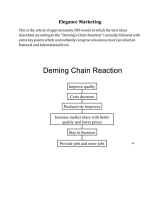 Elegance Marketing
This is the article of approximately 500 wordsin which the best ideas
described according to the “Deming’sChain Reaction” I actually followed with
extra key pointswhich undoubtedly can grow abusiness man’sproducton
National and Internationallevel.
 