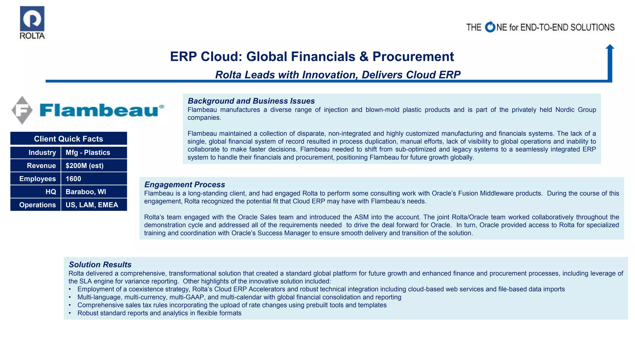 ERP Cloud: Global Financials & Procurement
Rolta Leads with Innovation, Delivers Cloud ERP
Client Quick Facts
Industry Mfg - Plastics
Revenue $200M (est)
Employees 1600
HQ Baraboo, WI
Operations US, LAM, EMEA
Background and Business Issues
Flambeau manufactures a diverse range of injection and blown-mold plastic products and is part of the privately held Nordic Group
companies.
Flambeau maintained a collection of disparate, non-integrated and highly customized manufacturing and financials systems. The lack of a
single, global financial system of record resulted in process duplication, manual efforts, lack of visibility to global operations and inability to
collaborate to make faster decisions. Flambeau needed to shift from sub-optimized and legacy systems to a seamlessly integrated ERP
system to handle their financials and procurement, positioning Flambeau for future growth globally.
Engagement Process
Flambeau is a long-standing client, and had engaged Rolta to perform some consulting work with Oracle’s Fusion Middleware products. During the course of this
engagement, Rolta recognized the potential fit that Cloud ERP may have with Flambeau’s needs.
Rolta’s team engaged with the Oracle Sales team and introduced the ASM into the account. The joint Rolta/Oracle team worked collaboratively throughout the
demonstration cycle and addressed all of the requirements needed to drive the deal forward for Oracle. In turn, Oracle provided access to Rolta for specialized
training and coordination with Oracle’s Success Manager to ensure smooth delivery and transition of the solution.
Solution Results
Rolta delivered a comprehensive, transformational solution that created a standard global platform for future growth and enhanced finance and procurement processes, including leverage of
the SLA engine for variance reporting. Other highlights of the innovative solution included:
• Employment of a coexistence strategy, Rolta’s Cloud ERP Accelerators and robust technical integration including cloud-based web services and file-based data imports
• Multi-language, multi-currency, multi-GAAP, and multi-calendar with global financial consolidation and reporting
• Comprehensive sales tax rules incorporating the upload of rate changes using prebuilt tools and templates
• Robust standard reports and analytics in flexible formats
 