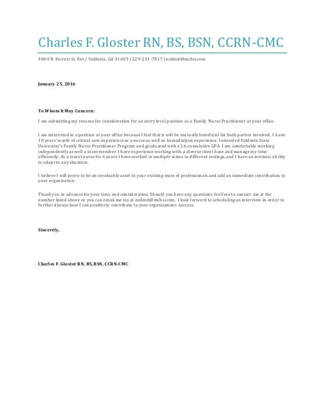 cover letter 2016 charles f gloster rn bs bsn ccrn cmc 4004 n