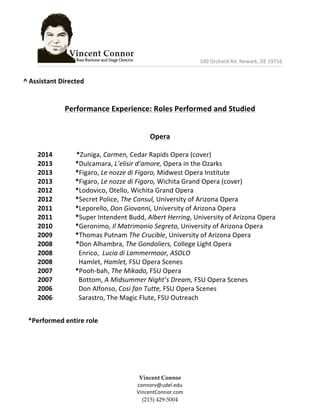  	
  	
  	
  	
  	
  	
  	
  	
  	
  	
  	
  	
  	
  	
  	
  	
  	
  	
  	
  	
  	
  	
  	
  	
  	
  	
  	
  	
  	
  	
  	
  	
  	
  	
  	
  	
  	
  	
  	
  	
  	
  	
  	
  	
  	
  	
  	
  	
  	
  100	
  Orchard	
  Rd.	
  Newark,	
  DE	
  19716	
  	
  
	
  
Vincent  Connor  
connorv@udel.edu	
  
VincentConnor.com  
(215)  429-­‐‑5004  
	
  
^	
  Assistant	
  Directed	
  
	
  
	
  
Performance	
  Experience:	
  Roles	
  Performed	
  and	
  Studied	
  
	
  
	
  
Opera	
  
	
  
2014	
   	
  	
  	
  	
  	
  	
  	
  	
  	
  	
  	
  	
  *Zuniga,	
  Carmen,	
  Cedar	
  Rapids	
  Opera	
  (cover)	
  
2013	
   	
   *Dulcamara,	
  L’elisir	
  d’amore,	
  Opera	
  in	
  the	
  Ozarks	
  
2013	
   	
   *Figaro,	
  Le	
  nozze	
  di	
  Figaro,	
  Midwest	
  Opera	
  Institute	
  	
  
2013	
   	
   *Figaro,	
  Le	
  nozze	
  di	
  Figaro,	
  Wichita	
  Grand	
  Opera	
  (cover)	
  
2012	
   	
   *Lodovico,	
  Otello,	
  Wichita	
  Grand	
  Opera	
  
2012	
   	
   *Secret	
  Police,	
  The	
  Consul,	
  University	
  of	
  Arizona	
  Opera	
  
2011	
   	
   *Leporello,	
  Don	
  Giovanni,	
  University	
  of	
  Arizona	
  Opera	
  
2011	
   	
  	
   *Super	
  Intendent	
  Budd,	
  Albert	
  Herring,	
  University	
  of	
  Arizona	
  Opera	
  
2010	
   	
   *Geronimo,	
  Il	
  Matrimonio	
  Segreto,	
  University	
  of	
  Arizona	
  Opera	
  
2009	
  	
  	
  	
   *Thomas	
  Putnam	
  The	
  Crucible,	
  University	
  of	
  Arizona	
  Opera	
  
2008	
  	
  	
  	
  	
  	
  	
  	
  	
  	
  	
  	
  	
  	
  *Don	
  Alhambra,	
  The	
  Gondoliers,	
  College	
  Light	
  Opera	
  
2008	
   	
   	
  	
  Enrico,	
  	
  Lucia	
  di	
  Lammermoor,	
  ASOLO	
  
2008	
   	
   	
  	
  Hamlet,	
  Hamlet,	
  FSU	
  Opera	
  Scenes	
  
2007	
   	
   *Pooh-­‐bah,	
  The	
  Mikado,	
  FSU	
  Opera	
  
2007	
   	
   	
  	
  Bottom,	
  A	
  Midsummer	
  Night’s	
  Dream,	
  FSU	
  Opera	
  Scenes	
  
2006	
   	
   	
  	
  Don	
  Alfonso,	
  Cosi	
  fan	
  Tutte,	
  FSU	
  Opera	
  Scenes	
  
2006	
   	
  	
   	
  	
  Sarastro,	
  The	
  Magic	
  Flute,	
  FSU	
  Outreach	
  
	
  
	
  
*Performed	
  entire	
  role	
  
	
  
	
  
	
  
	
  
	
  
 