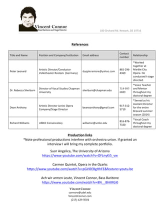  	
  	
  	
  	
  	
  	
  	
  	
  	
  	
  	
  	
  	
  	
  	
  	
  	
  	
  	
  	
  	
  	
  	
  	
  	
  	
  	
  	
  	
  	
  	
  	
  	
  	
  	
  	
  	
  	
  	
  	
  	
  	
  	
  	
  	
  	
  	
  	
  	
  100	
  Orchard	
  Rd.	
  Newark,	
  DE	
  19716	
  	
  
	
  
Vincent  Connor  
connorv@udel.edu	
  
VincentConnor.com  
(215)  429-­‐‑5004  
	
  
	
  
References	
  	
  
	
  
Title	
  and	
  Name	
   Position	
  and	
  Company/Institution	
   Email	
  address	
  
Contact	
  
number	
  
Relationship	
  
Peter	
  Leonard	
  	
  
Artistic	
  Director/Conductor	
  
Volkstheater	
  Rostock	
  	
  (Germany)	
  
dopplerantere@yahoo.com	
  
865-­‐296-­‐
4369	
  
*Worked	
  
together	
  at	
  
Marble	
  City	
  
Opera.	
  He	
  
conducted	
  I	
  stage	
  
directed.	
  	
  
Dr.	
  Rebecca	
  Sherburn	
  
Director	
  of	
  Vocal	
  Studies	
  Chapman	
  
University	
  	
  
sherburn@chapman.edu	
  
714-­‐997-­‐
6889	
  
*Voice	
  Teacher	
  
and	
  Mentor	
  
throughout	
  my	
  
doctoral	
  degree	
  
Dean	
  Anthony	
  	
  
Artistic	
  Director	
  Janiec	
  Opera	
  
Company/Stage	
  Director	
  
beanoanthony@gmail.com	
  
917-­‐312-­‐
5719	
  
*Served	
  as	
  his	
  
Assitant	
  Director	
  
for	
  the	
  entire	
  
Brevard	
  summer	
  
season	
  (2014)	
  
Richard	
  Williams	
   UMKC	
  Conservatory	
  	
   williamsr@umkc.edu	
  
816-­‐876-­‐
7320	
  
*Vocal	
  Coach	
  
throughout	
  my	
  
doctoral	
  degree	
  
	
  
Production	
  links	
  
*Note	
  professional	
  productions	
  interfere	
  with	
  orchestra	
  union.	
  If	
  granted	
  an	
  
interview	
  I	
  will	
  bring	
  my	
  complete	
  portfolio.	
  	
  
	
  
Suor	
  Angelica,	
  The	
  University	
  of	
  Arizona	
  
https://www.youtube.com/watch?v=OFLnyKi5_vw	
  
	
  
Carmen	
  Quintet,	
  Opera	
  in	
  the	
  Ozarks	
  
https://www.youtube.com/watch?v=pGVOEBgHhFE&feature=youtu.be	
  
	
  
Ach	
  wir	
  armen	
  Leute,	
  Vincent	
  Connor,	
  Bass	
  Baritone	
  
https://www.youtube.com/watch?v=8N__BhKRGi0	
  
 