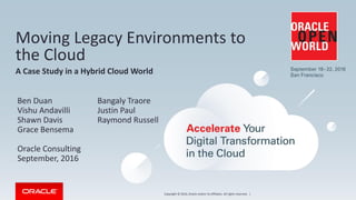 Copyright © 2016, Oracle and/or its affiliates. All rights reserved. |
Moving Legacy Environments to
the Cloud
A Case Study in a Hybrid Cloud World
Ben Duan Bangaly Traore
Vishu Andavilli Justin Paul
Shawn Davis Raymond Russell
Grace Bensema
Oracle Consulting
September, 2016
 