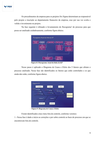 9
Os procedimentos da empresa para os projetos Six Sigma determinam ao responsável
pelo projeto a inscrição ao departamento financeiro da empresa, esse por sua vez avalia e
valida o investimento no projeto.
Na fase seguinte é efetuado o levantamento do fluxograma³ do processo para que
possa ser analisado cuidadosamente, conforme figura abaixo.
Figura 8: Fluxograma Atual da linha do KP
Nesse passo é aplicado o Diagrama de Causa e Efeito dos 5 fatores que afetam o
processo analisado. Nessa fase são identificados os fatores que estão controlados e os que
ainda não estão, conforme figura abaixo.
Figura 9: Diagrama de Causa e Efeito
Foram identificados cinco itens fora de controle, conforme veremos:
1 - Nessa fase é dado o início as correções e por sobre controle as fases do processo em que se
encontravam fora de controle.
 