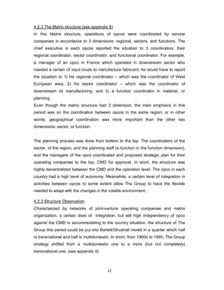 12
4.2.3 The Matrix structure (see appendix 8)
In this Matrix structure, operations of opcos were coordinated by service
companies in accordance to 3 dimensions: regional, sectors, and functions. The
chief executive in each opcos reported the situation to 3 coordinators: their
regional coordinator, sector coordinator, and functional coordinator. For example,
a manager of an opco in France which operated in downstream sector who
needed a certain of input crude to manufacture fabricant, he would have to report
the situation to 1) his regional coordinator – which was the coordinator of West
European area, 2) his sector coordinator – which was the coordinator of
downstream oil manufacturing, and 3) a function coordinator in material, or
planning.
Even though the matrix structure had 3 dimension, the main emphasis in this
period was on the coordination between opcos in the same region; or in other
words, geographical coordination was more important than the other two
dimensions: sector, or function.
The planning process was done from bottom to the top. The coordinators of the
sector, of the region, and the planning staff (a function in the function dimension),
and the managers of the opco coordinated and proposed strategic plan for their
operating companies to the top, CMD for approval. In short, the structure was
highly decentralized between the CMD and the operation level. The opco in each
country had a high level of autonomy. Meanwhile, a certain level of integration in
activities between opcos to some extent allow The Group to have the flexible
needed to adapt with the changes in the volatile environment.
4.2.3 Structure Observation
Characterized by networks of joint-venture operating companies and matrix
organization, a certain level of integration, but still high independency of opco
against the CMD in accommodating to the country situation, the structure of The
Group this period could be put into Barlett/Ghoshall model in a quarter which half
is transnational and half is multidomestic. In short, from 1960s to 1995, The Group
strategy shifted from a multidomestic one to a more (but not completely)
transnational one. (see appendix 9)
 