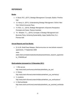 22
REFERENCE
Books
 8. David, R.D., (2011), Strategic Management: Concepts. Boston: Prentice
Hall
 12. Henry, A., (2011), Understanding Strategic Management. Oxford: New
York: Oxford University Press
 15. Rice, J.L., (2010), Strategic Management: A Dynamic Perspective:
Concepts and Cases. Pearson Australia
 18. Wheelen, T. L., (2010), Concepts in Strategic Management and
Business Policy: Achieving Sustainability. Upper Saddle River, N.J.:
Prentice Hall
Annual Reports and Fact Books:
 23. & 29. Shell Press Release, Shell announces six new biofuels research
agreements, 17 September 2008
www-
static.shell.com/static/media/downloads/press/biofuels_research_agreemen
ts_17092008.pdf
Shell websites (accessed on 15 December 2011)
 1. Who we are
http://www.shell.com/home/content/aboutshell/who_we_are/
 2. History
http://www.shell.nl/home/content/nld/aboutshell/who_we_are/history/
 3. Locations
http://www.shell.nl/home/content/nld/aboutshell/who_we_are/locations/
 4. Shell worldwide
http://www.shell.com/home/content/aboutshell/who_we_are/shell_worldwide
/
 