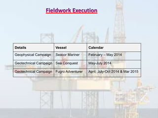 Details Vessel Calendar
Geophysical Campaign Seacor Mariner February – May 2014
Geotechnical Campaign Sea Conquest May-July 2014
Geotechnical Campaign Fugro Adventurer April, July-Oct 2014 & Mar 2015
 