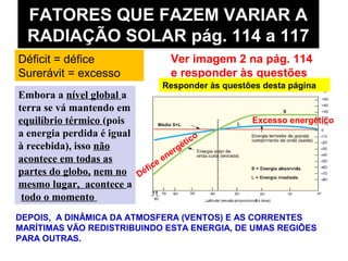 FATORES QUE FAZEM VARIAR A
RADIAÇÃO SOLAR pág. 114 a 117
Embora a nível global a
terra se vá mantendo em
equilíbrio térmico (pois
a energia perdida é igual
à recebida), isso não
acontece em todas as
partes do globo, nem no
mesmo lugar, acontece a
todo o momento
Ver imagem 2 na pág. 114
e responder às questões
DEPOIS, A DINÂMICA DA ATMOSFERA (VENTOS) E AS CORRENTES
MARÍTIMAS VÃO REDISTRIBUINDO ESTA ENERGIA, DE UMAS REGIÕES
PARA OUTRAS.
Excesso energético
Défice energético
Déficit = défice
Surerávit = excesso
Responder às questões desta página
 