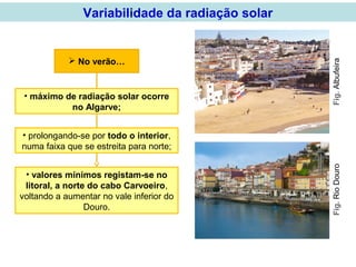  No verão…
• máximo de radiação solar ocorre
no Algarve;
• prolongando-se por todo o interior,
numa faixa que se estreita para norte;
• valores mínimos registam-se no
litoral, a norte do cabo Carvoeiro,
voltando a aumentar no vale inferior do
Douro.
Fig.RioDouroFig.Albufeira
Variabilidade da radiação solar
 